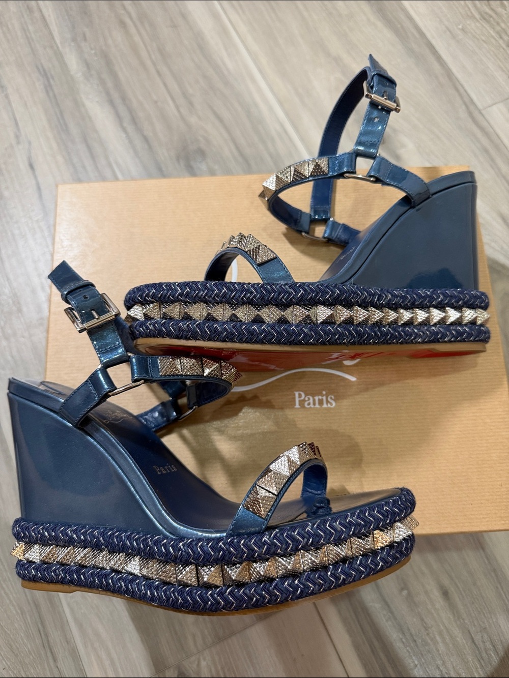 Christian Louboutin Blue Metallic Studded Wedge Sandals with Ankle Strap US 8 - Picture 3 of 10